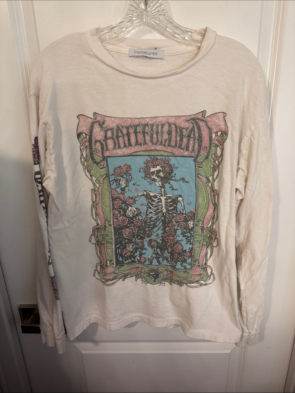 Daydreamer Cream Long Sleeve Tee with Pastel Grateful Dead Skeleton Graphic